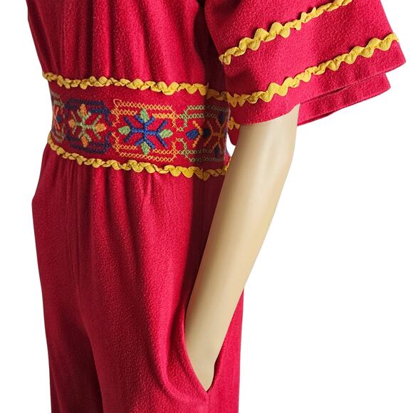 1990s Embroidered Red Katz Culotte Short Sleeve Romper Long Back Zipper Size Sm - Picture 10 of 14